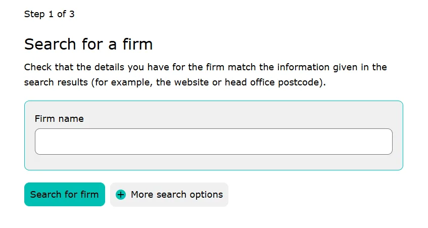 Firm search form with a firm name field and additional search options