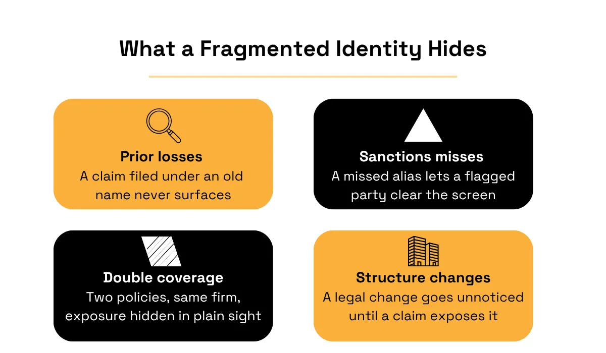 Risks hidden by fragmented business identities in insurance underwriting