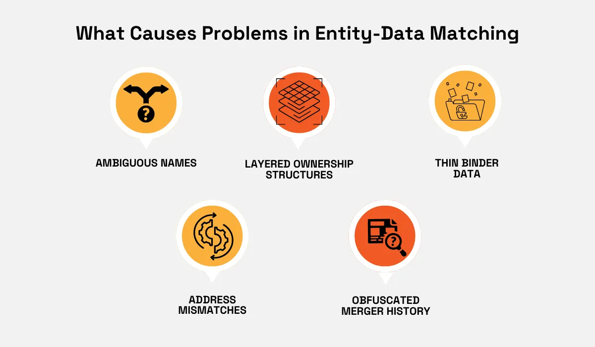 Common causes of entity-data matching problems, including ambiguous names, layered ownership structures, thin binder data, address mismatches, and obscured merger history