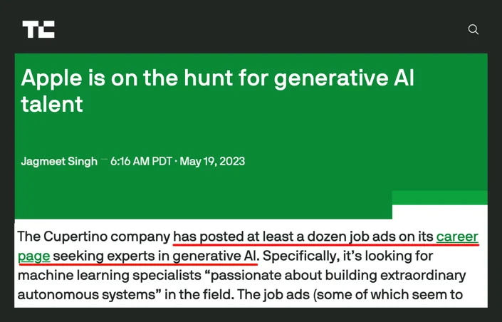 Apple generative AI hiring article screenshot
