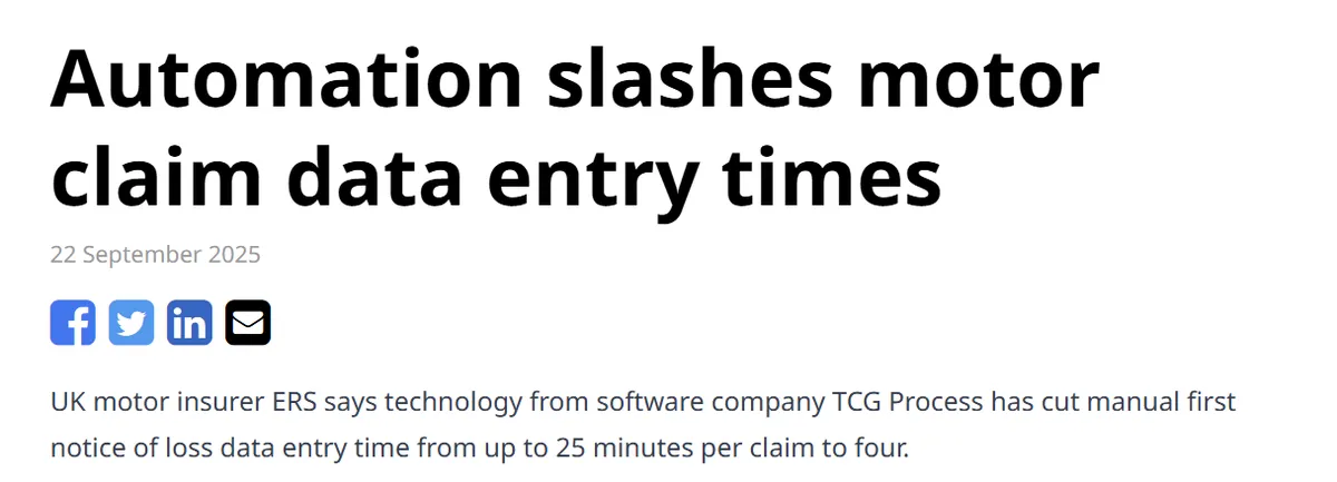 Automation cuts motor insurance claim data entry time from up to 25 minutes to four minutes