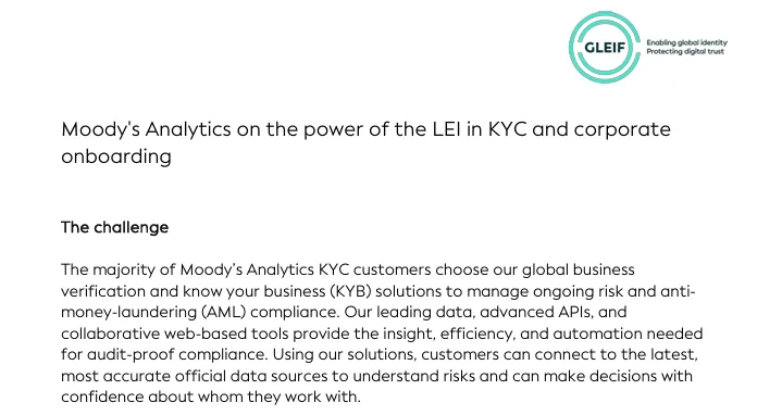 Moody’s Analytics case study on using LEI data for KYC and corporate onboarding