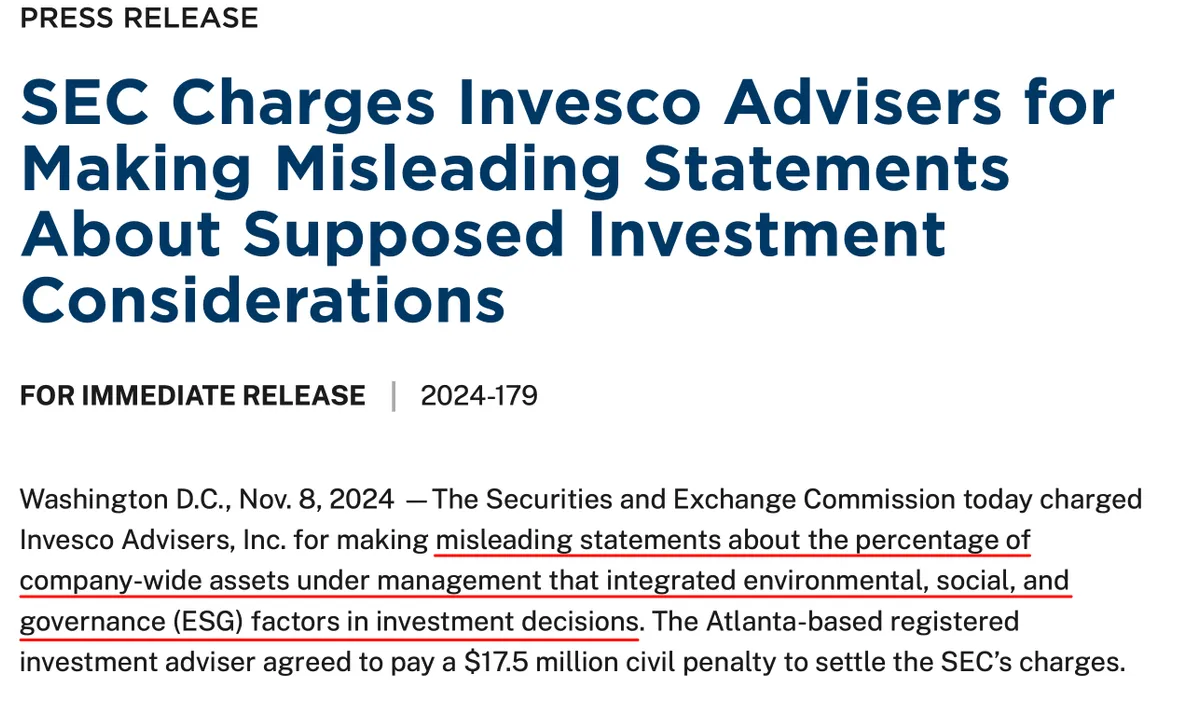 SEC press release on Invesco Advisers’ misleading statements about ESG investment considerations