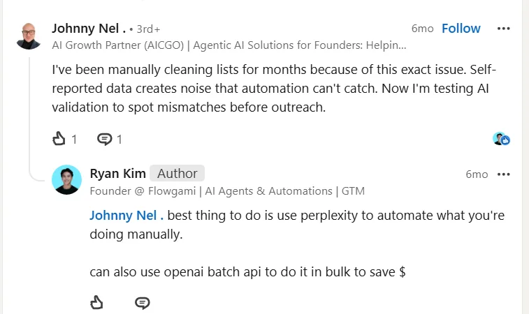 LinkedIn discussion about self-reported data, manual cleaning and AI validation