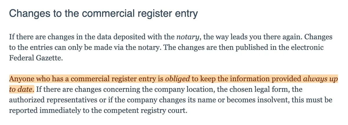 German commercial register guidance requiring companies to keep registered information up to date