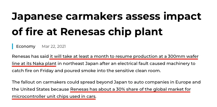 Article screenshot about Japanese carmakers assessing the impact of the Renesas chip plant fire and production shutdown