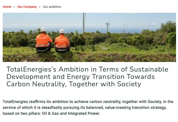 TotalEnergies webpage outlining its sustainable development and carbon neutrality ambitions