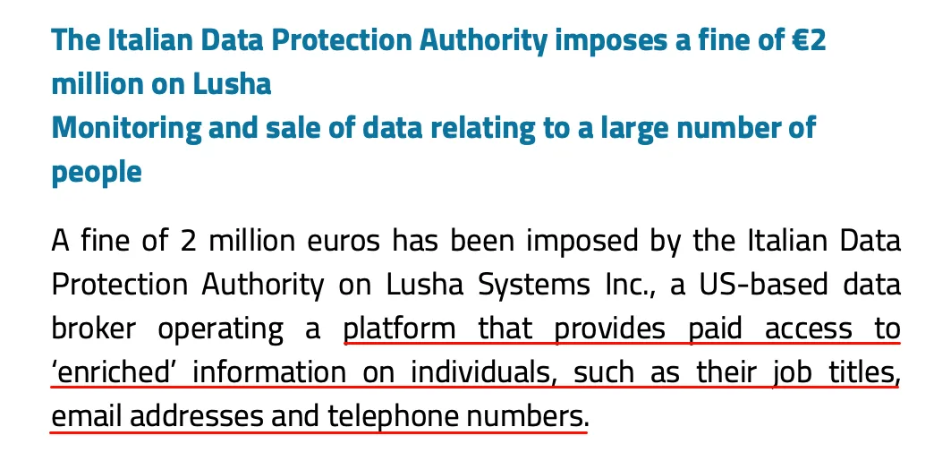 Italian Data Protection Authority €2 million Lusha fine announcement