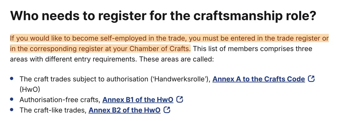German guidance on which self-employed trades must register with the Chamber of Crafts