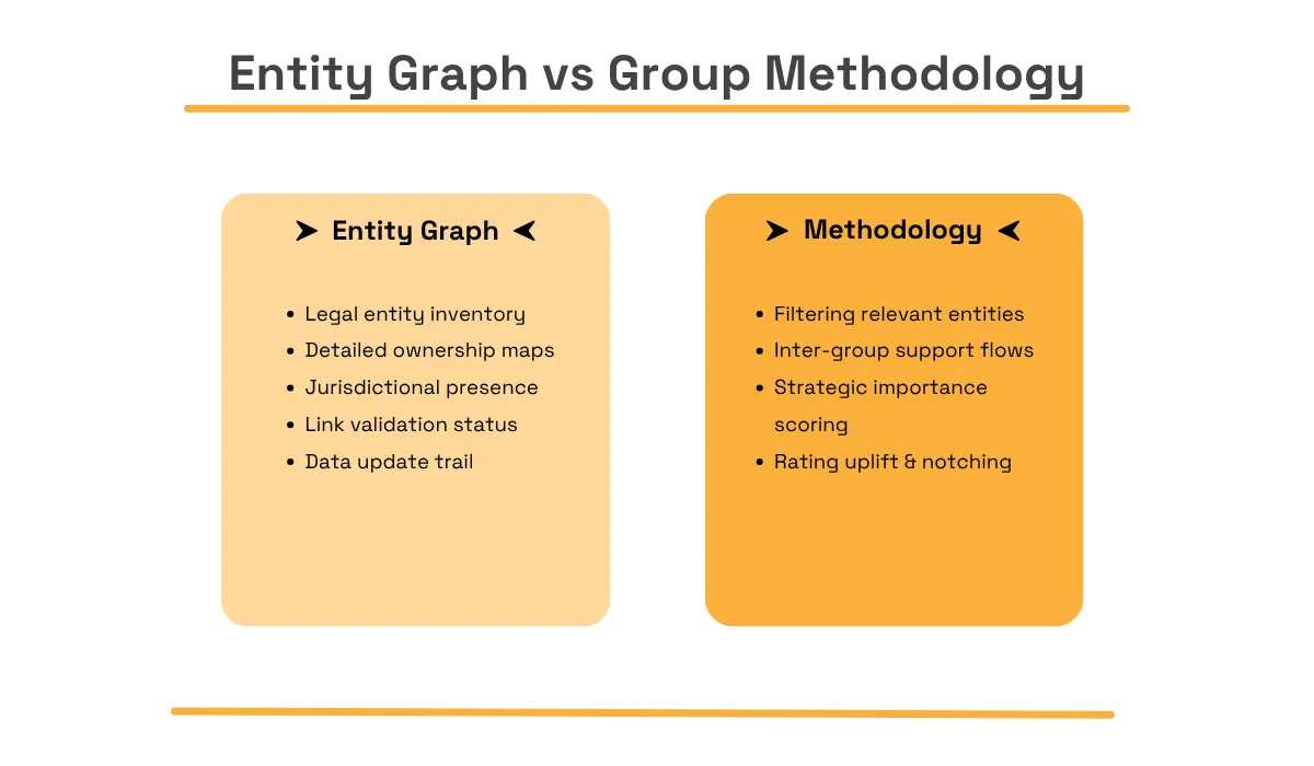 Comparison of an entity graph and group methodology: the entity graph tracks legal entities, ownership maps, jurisdictional presence, link validation, and update history, while the methodology filters relevant entities and evaluates support flows, strategic importance, and rating uplift or notching