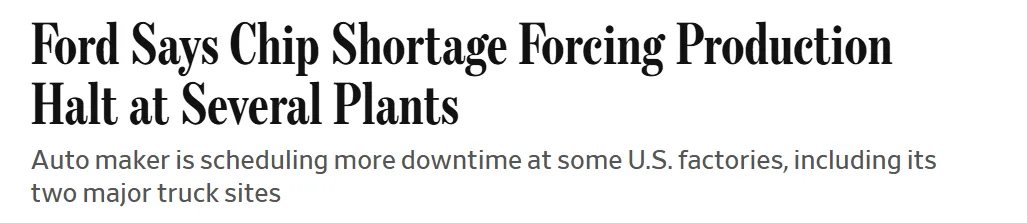 Article headline about Ford halting production at several U.S. plants due to the chip shortage