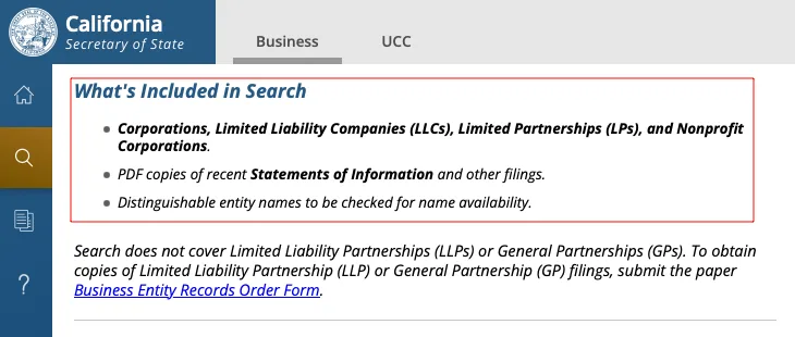 California Secretary of State business entity search coverage and filing information