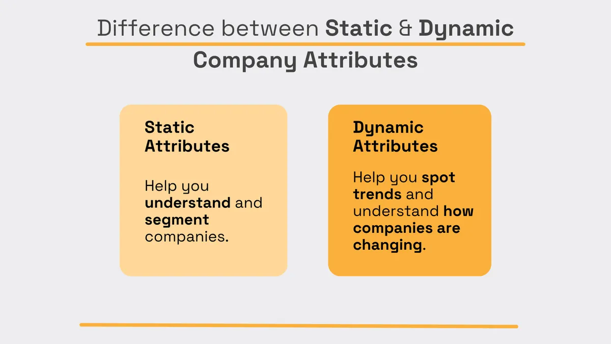 Comparison of static and dynamic company attributes, showing that static attributes help segment and understand companies while dynamic attributes help identify trends and track how companies change over time