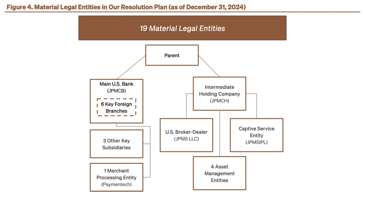 JPMorgan Chase resolution-plan ownership chart showing 19 material legal entities, with a parent company