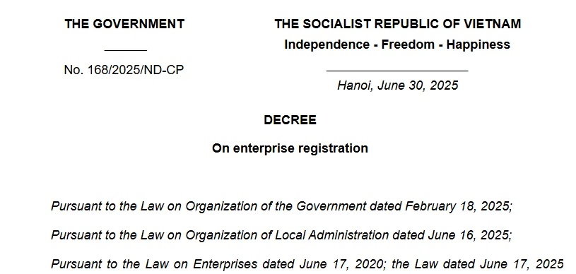 Vietnam Decree 168/2025 on enterprise registration, dated June 30, 2025
