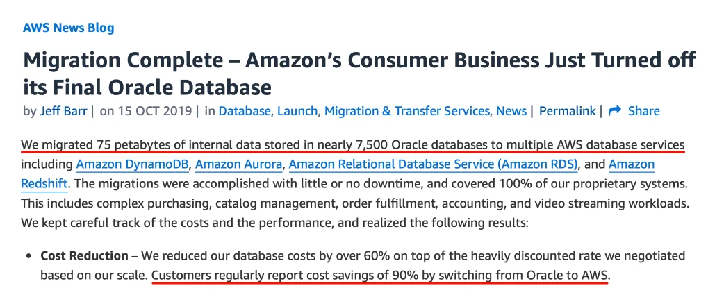 Amazon Oracle-to-AWS migration article screenshot