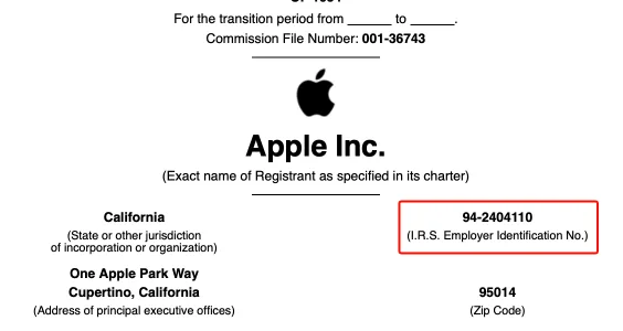 Apple Inc. SEC filing showing the company’s Employer Identification Number