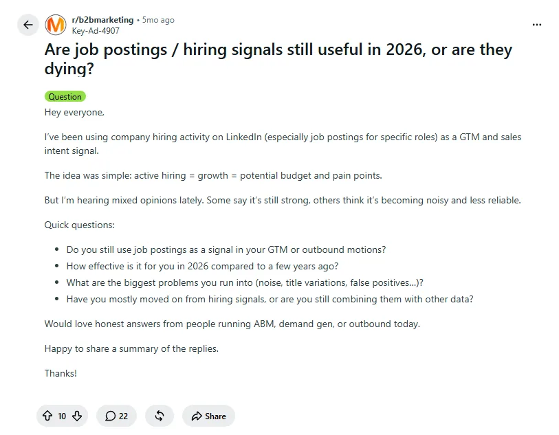 Reddit discussion on whether job postings remain useful hiring signals in 2026
