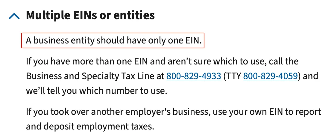 IRS guidance stating that a business entity should have only one EIN