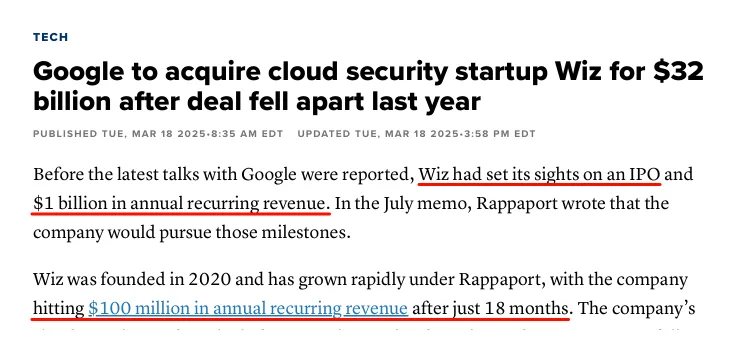 Google acquisition article highlighting Wiz’s rapid growth and $1 billion in annual recurring revenue