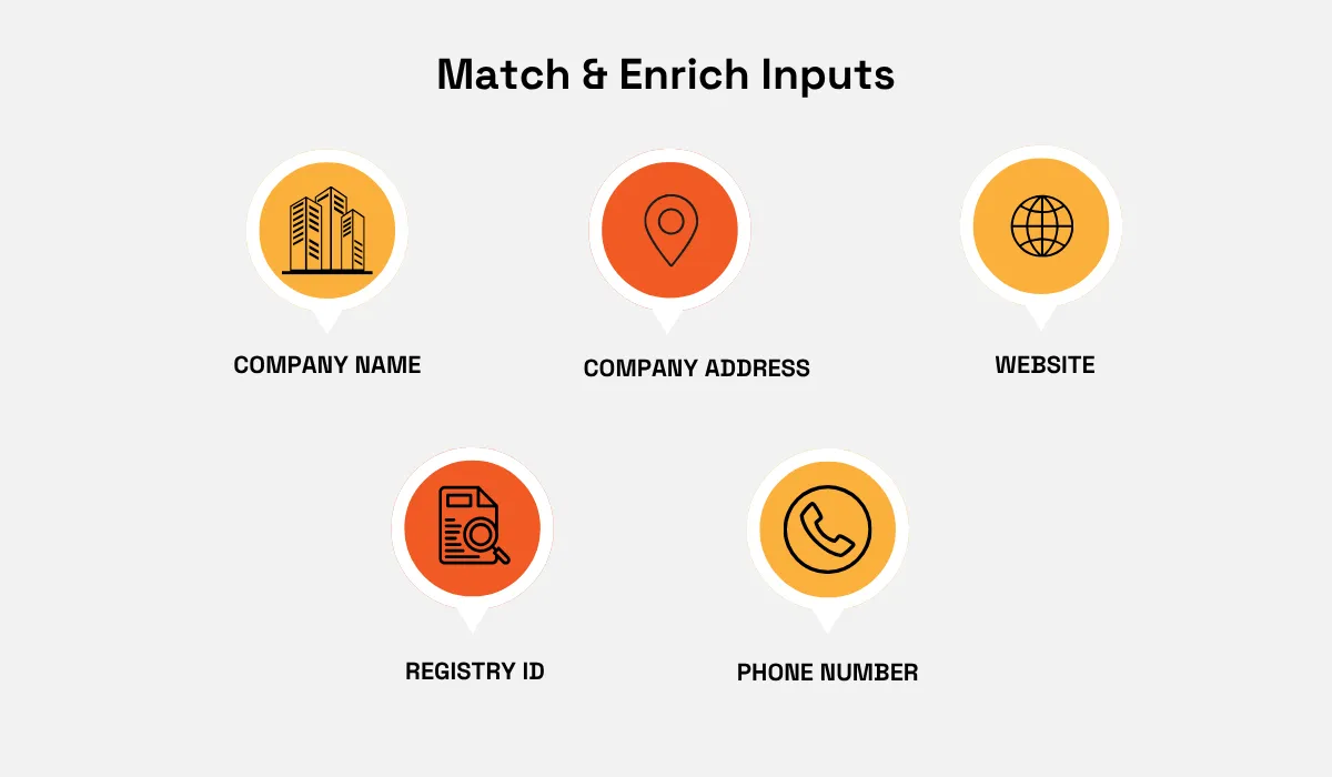 Match and enrich inputs including company name, address, website, registry ID and phone number