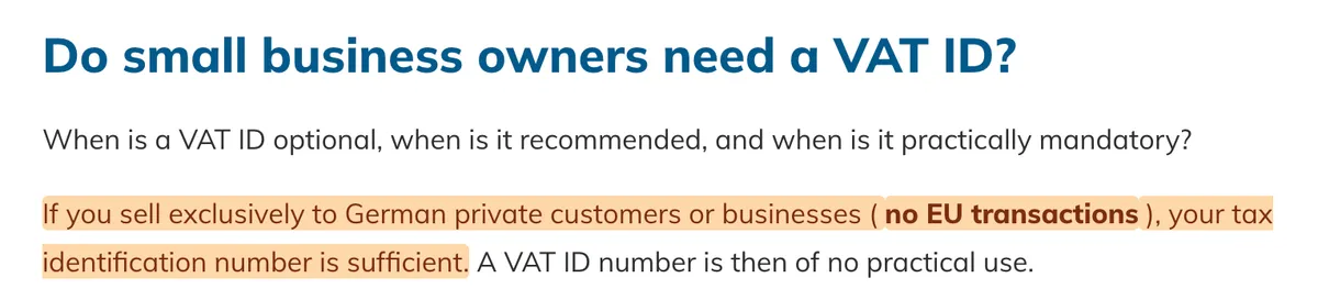 Guidance stating German small businesses without EU transactions may not need a VAT ID