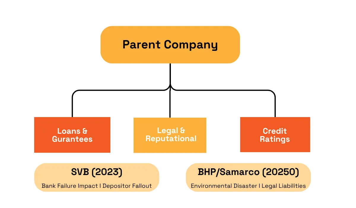 Parent company risk hierarchy covering loans, legal reputation and credit ratings with SVB and BHP/Samarco examples