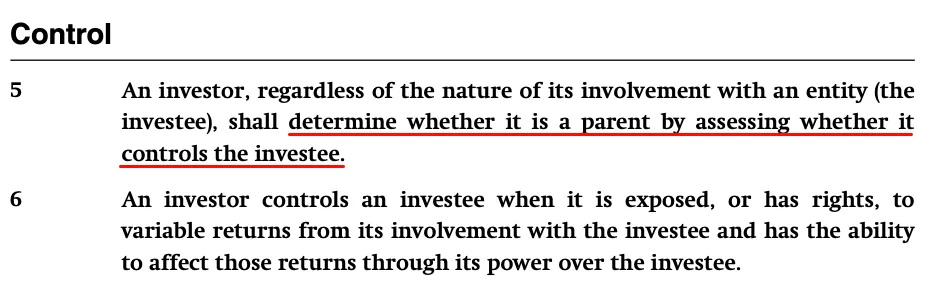 Excerpt from accounting guidance on control, stating that an investor must assess whether it controls an investee and defining control through exposure to variable returns and the ability to affect those returns through power over the investee
