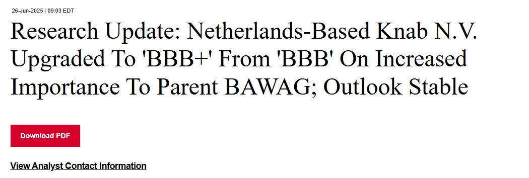 Research update announcing Knab N.V.’s upgrade to BBB+ due to increased importance to parent BAWAG