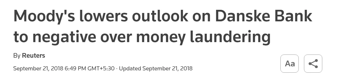 Moody’s lowered Danske Bank’s outlook to negative following concerns related to money laundering