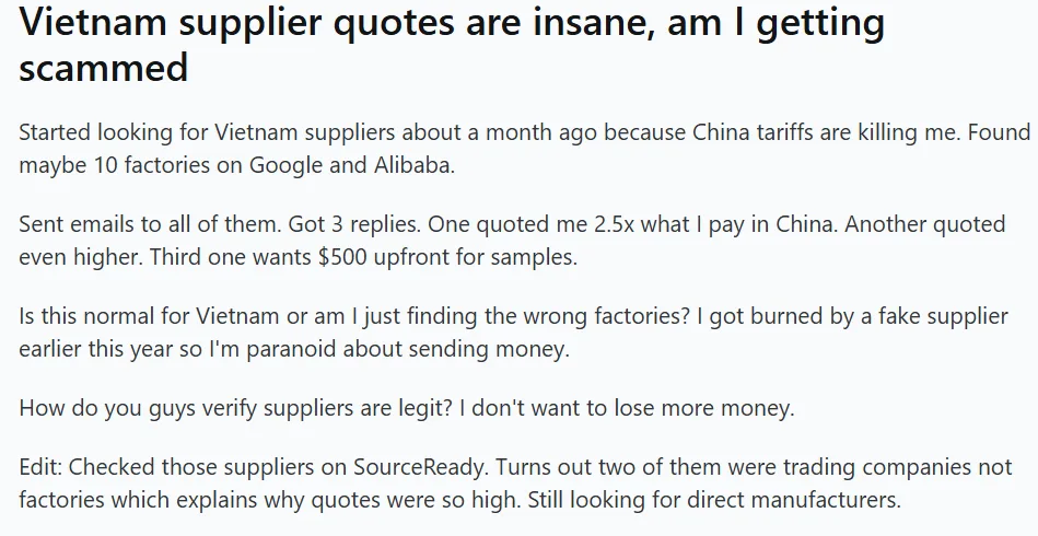 Forum post about high Vietnam supplier quotes, scam concerns, and two suppliers identified as trading companies rather than factories