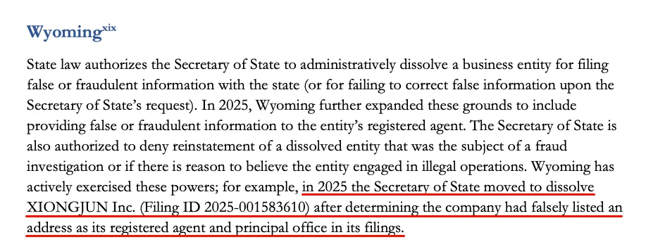 Wyoming business entity dissolution rules for false or fraudulent filing information