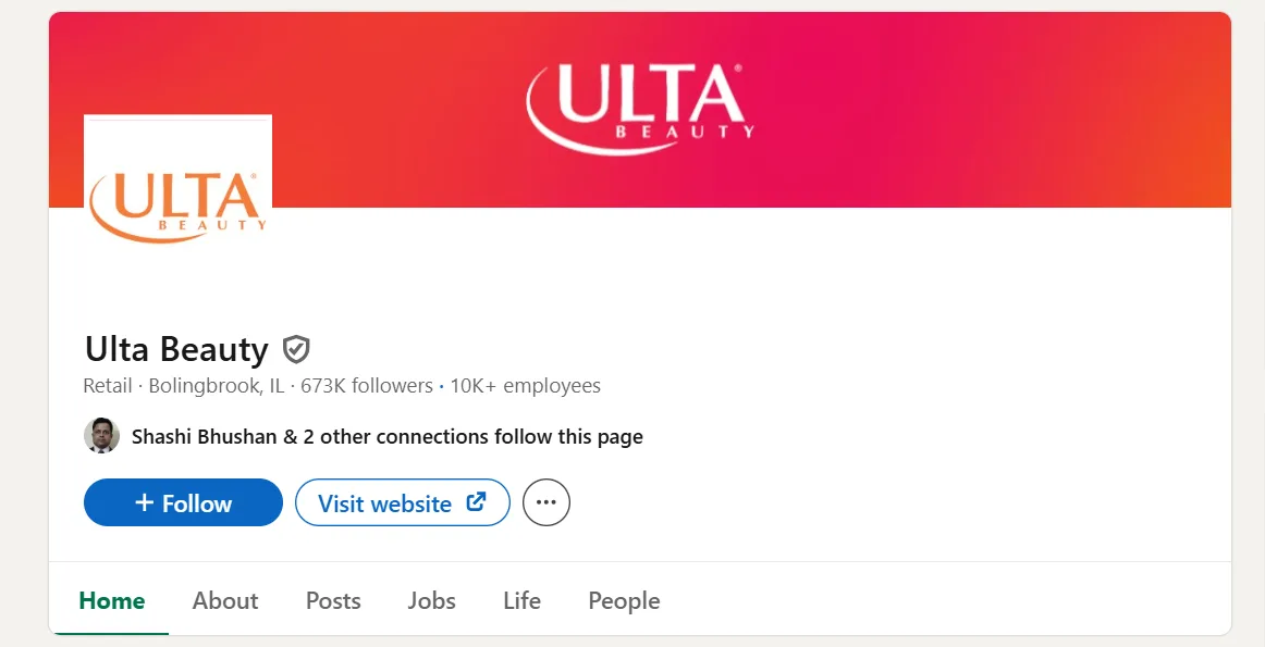 Ulta Beauty LinkedIn company page classified under Retail