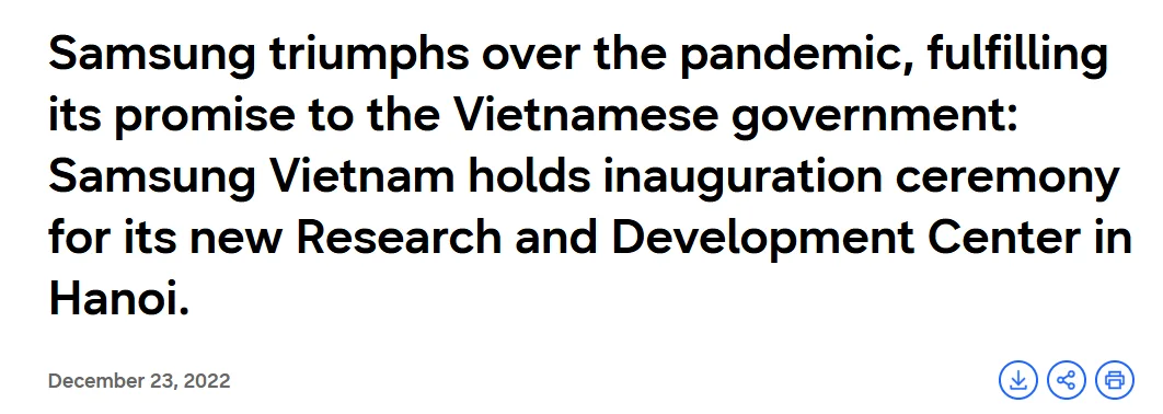 Samsung Vietnam R&D Center inauguration announcement in Hanoi