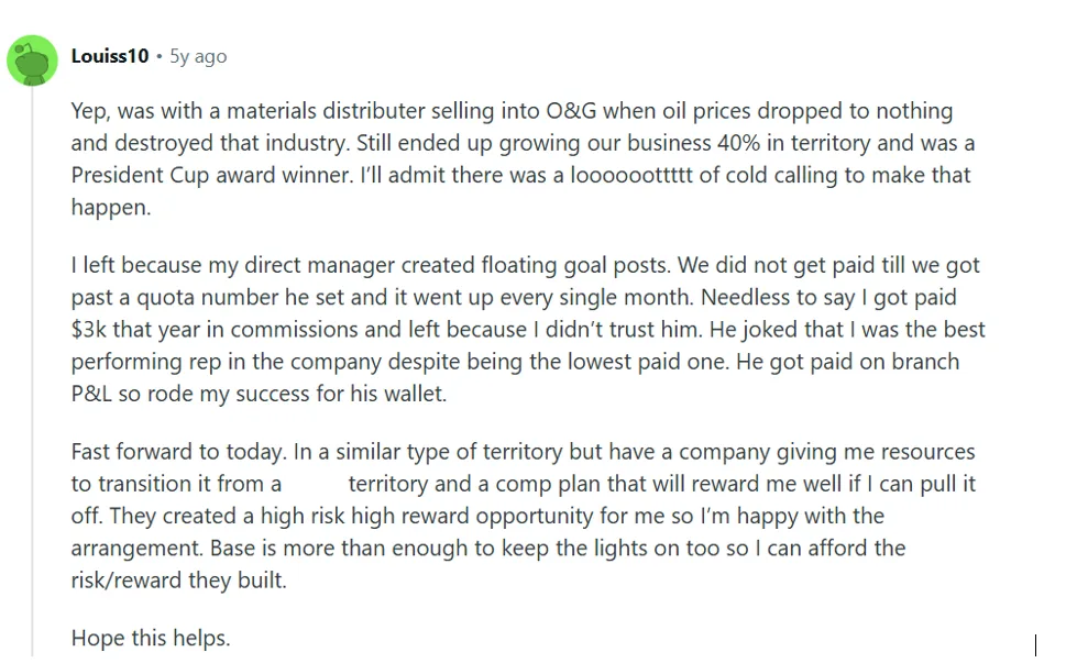 Reddit comment describing sales success in a difficult oil and gas territory despite shifting quota targets