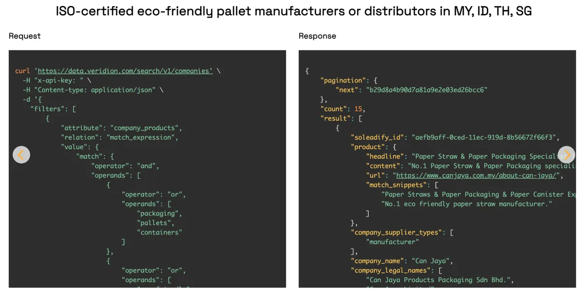 Veridion API screenshot showing a supplier search request and JSON response for eco-friendly pallet companies