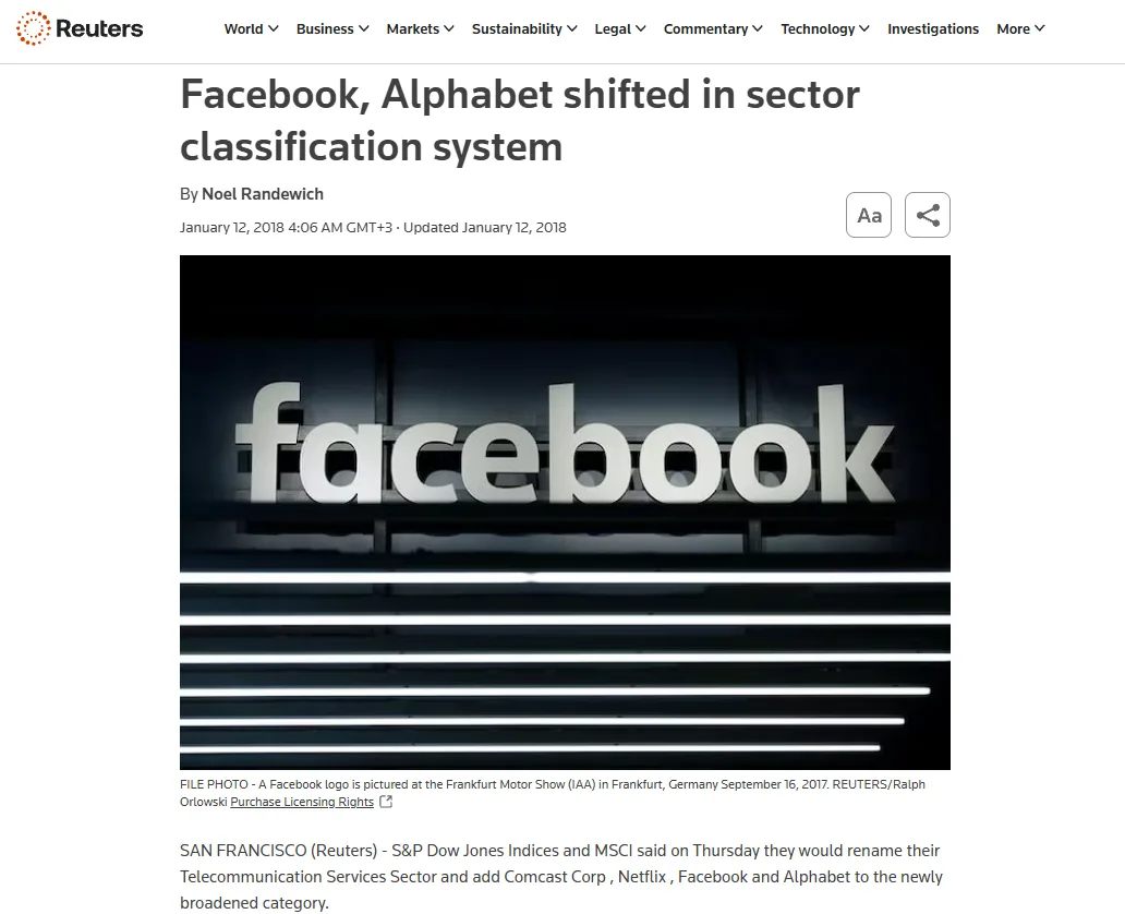 Reuters article titled “Facebook, Alphabet shifted in sector classification system,” showing the Facebook logo and reporting changes to the GICS Communication Services sector