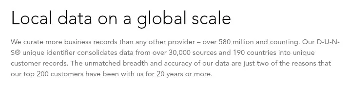 D&B graphic highlighting its global business data coverage, with more than 580 million business records from over 30,000 sources across 190 countries