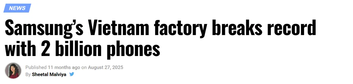 News headline reporting that Samsung’s Vietnam factory reached a record of 2 billion phones