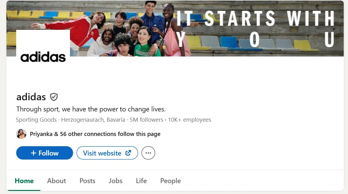 adidas LinkedIn company page classified under Sporting Goods