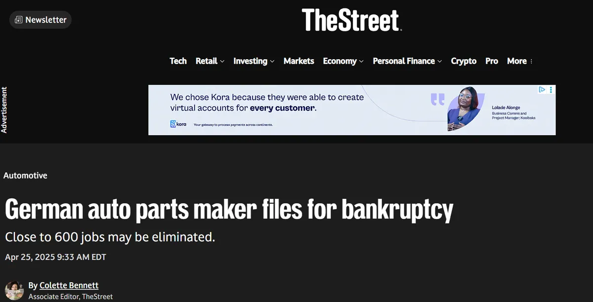 TheStreet article about a German auto parts maker filing for bankruptcy