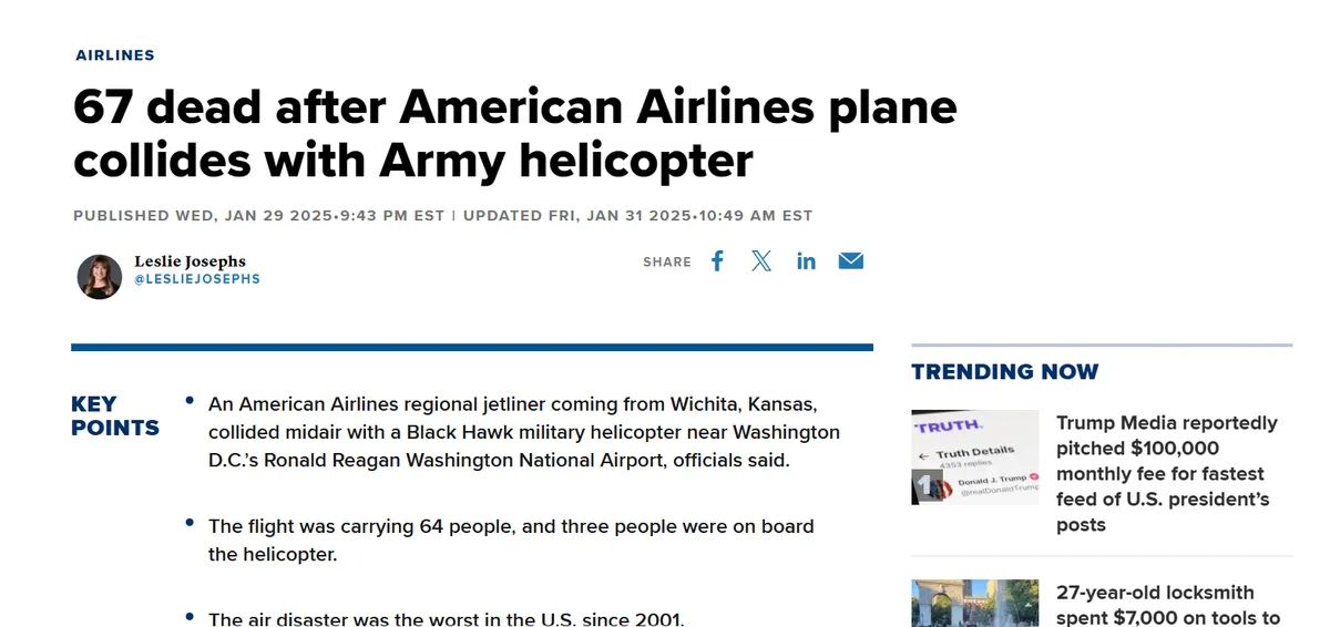 American Airlines regional jet collision with an Army Black Hawk helicopter near Washington, D.C., killing 67 people