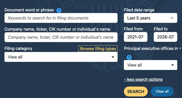 SEC EDGAR company filing search interface