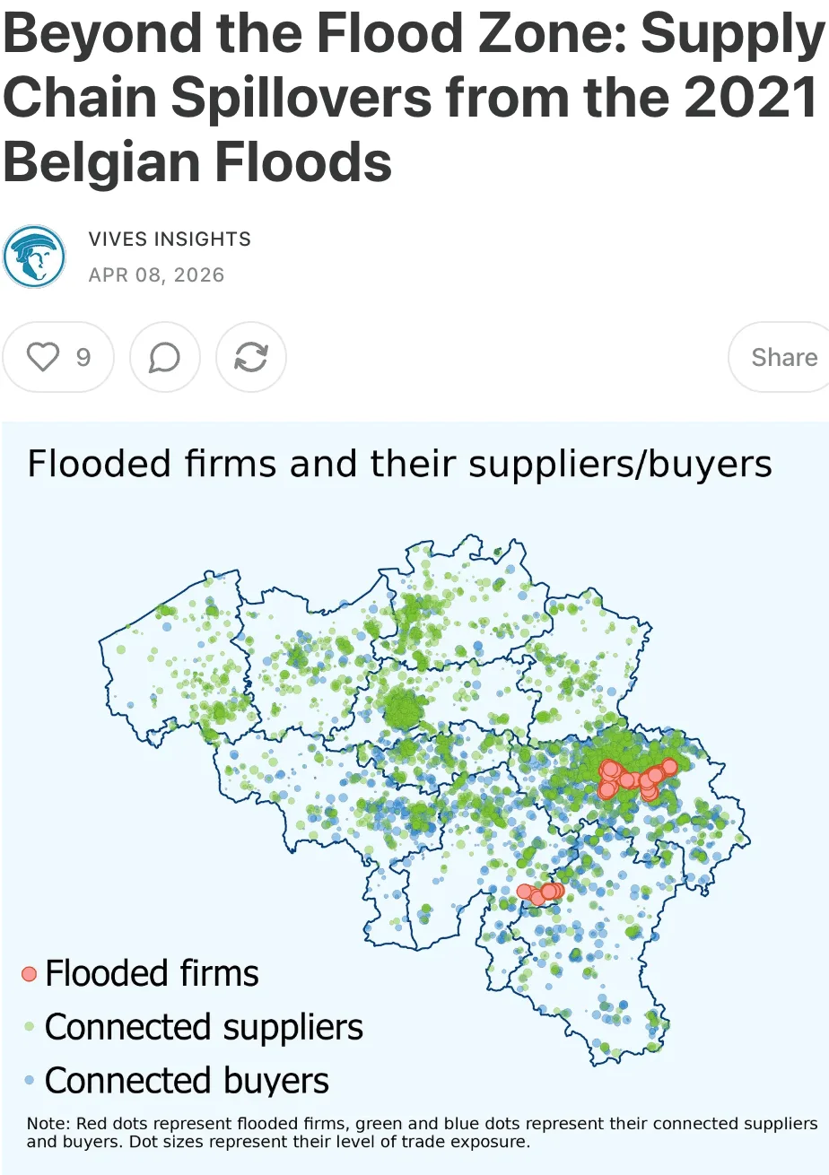 Map of Belgian flooded firms and their connected suppliers and buyers showing supply chain spillover risks