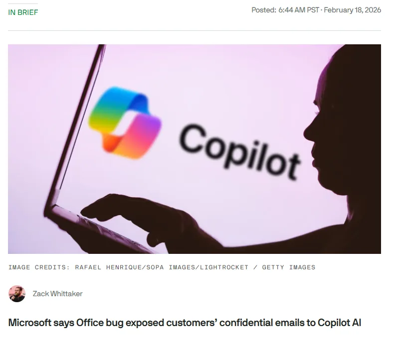 Microsoft Copilot article screenshot about Office bug exposing confidential emails