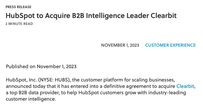 HubSpot press release announcing its acquisition of Clearbit