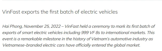VinFast announcement on its first electric vehicle exports from Vietnam