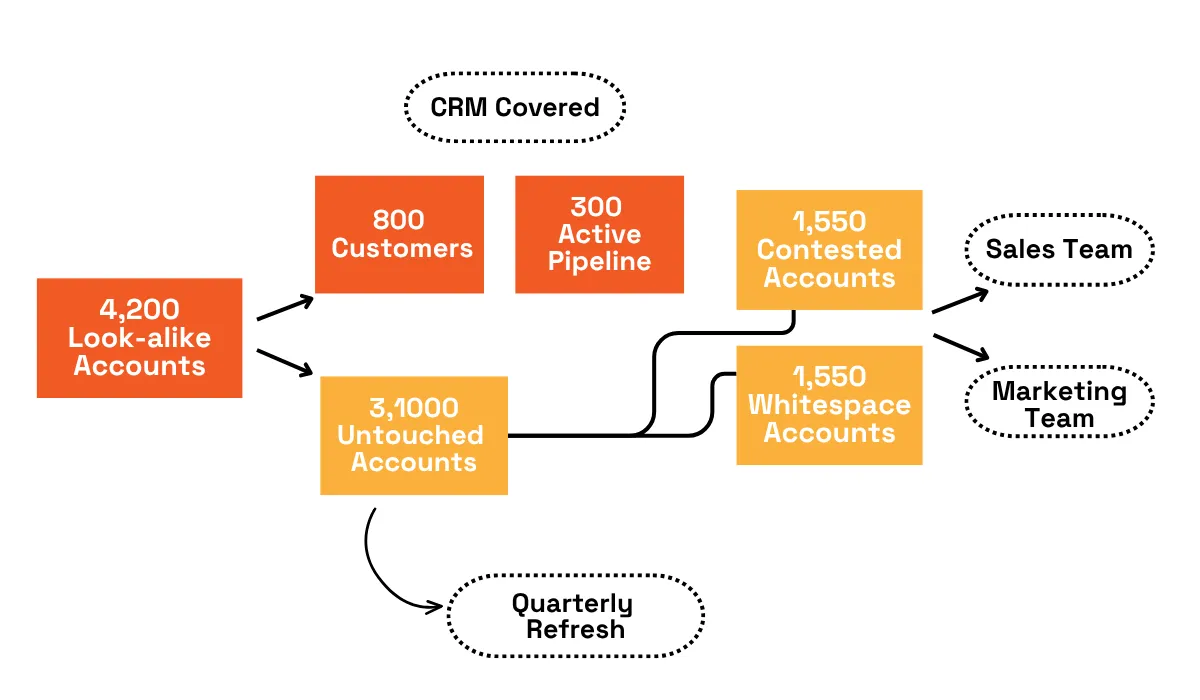 Account mapping flow showing look-alike accounts split into customers, pipeline, contested and whitespace segments