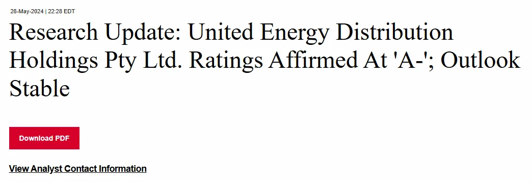 Research update affirming United Energy Distribution Holdings’ A- rating with a stable outlook
