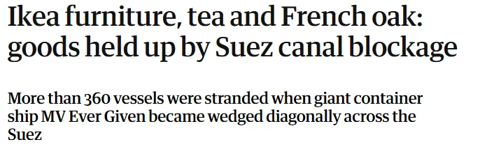 Article headline about Ikea goods delayed by the Suez Canal blockage that stranded more than 360 vessels